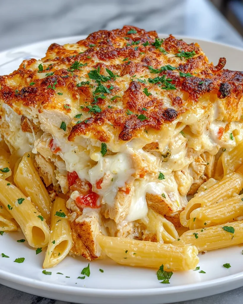 Baked Chicken Alfredo Pasta with creamy sauce and cheese topping