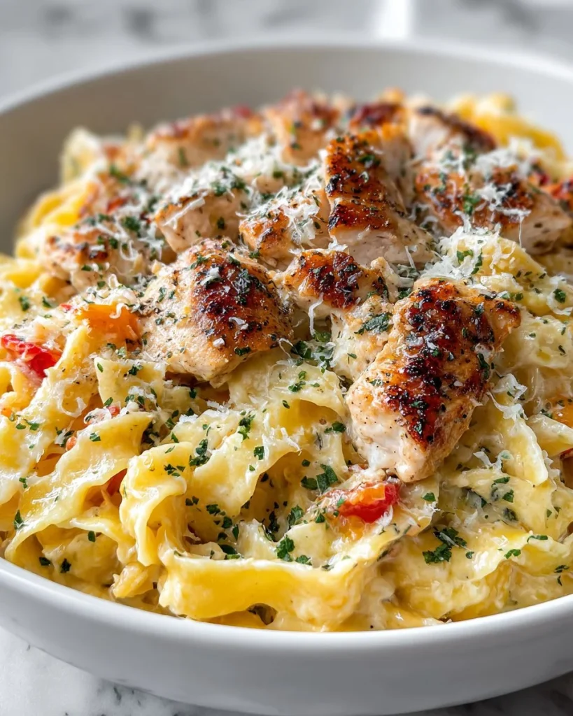 Delicious Chicken Alfredo pasta served with parsley and a sprinkle of parmesan cheese.