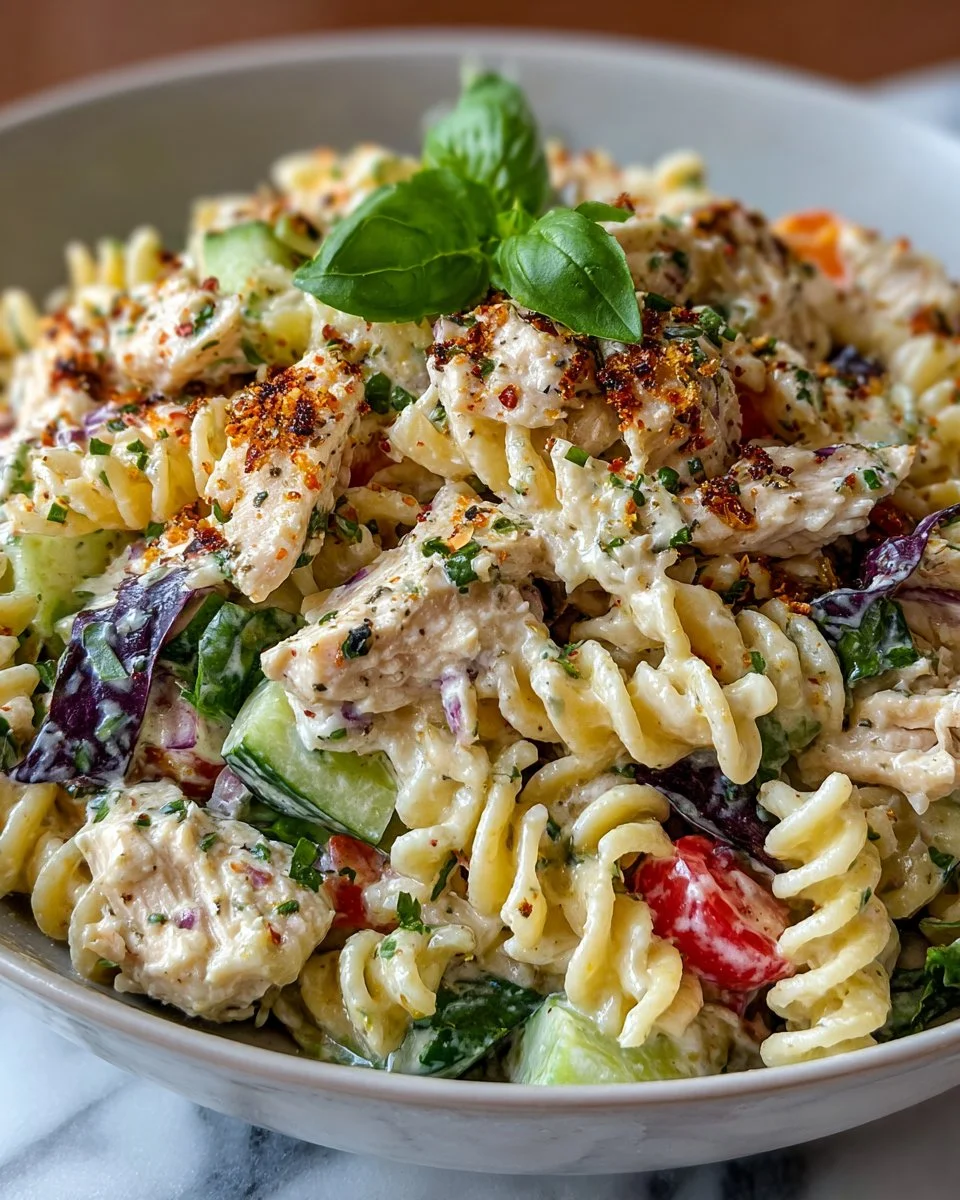 Delicious Chicken Alfredo Pasta Salad served in a bowl with fresh ingredients.