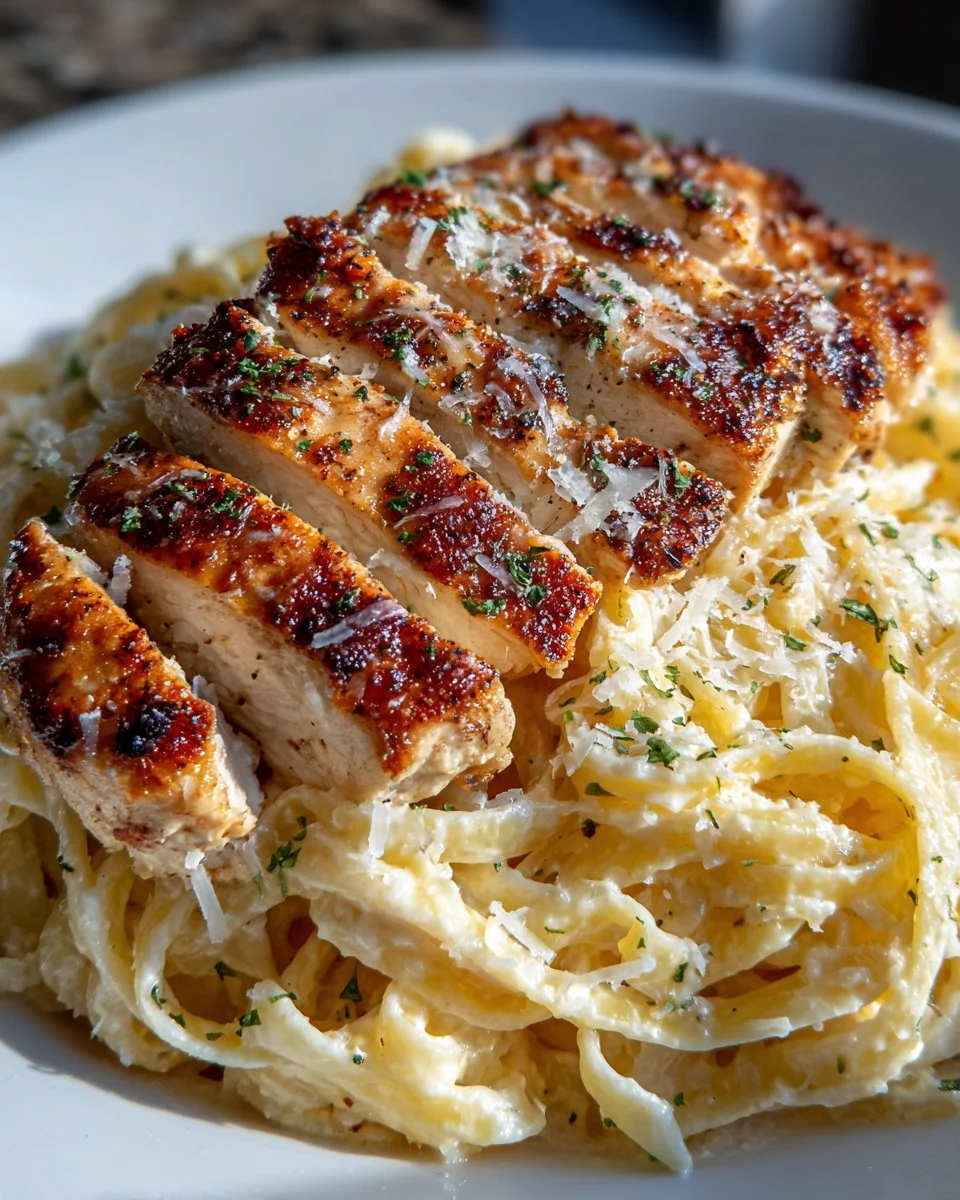 Creamy Chicken Alfredo pasta dish served with parsley and parmesan cheese