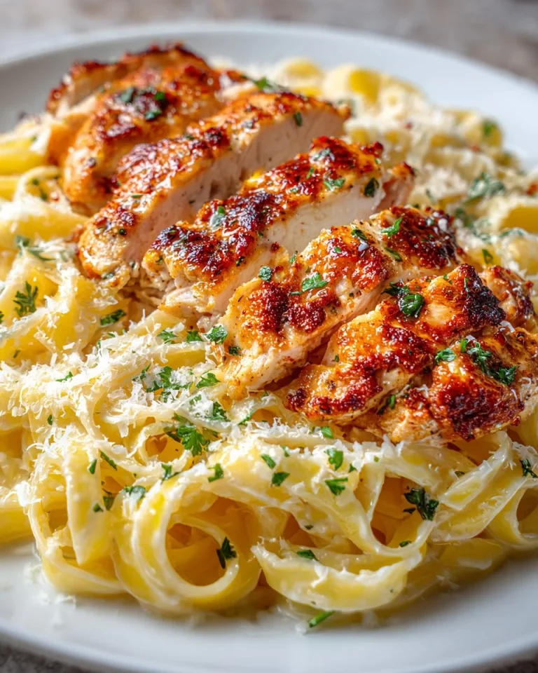 Creamy Chicken Alfredo pasta with fettuccine on a plate.