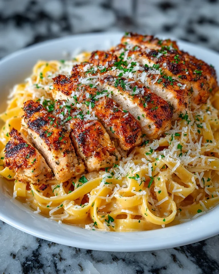 Delicious Chicken Fettuccine Alfredo served with parmesan and herbs