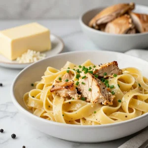 Creamy Chicken Fettuccine Alfredo topped with parsley and parmesan cheese