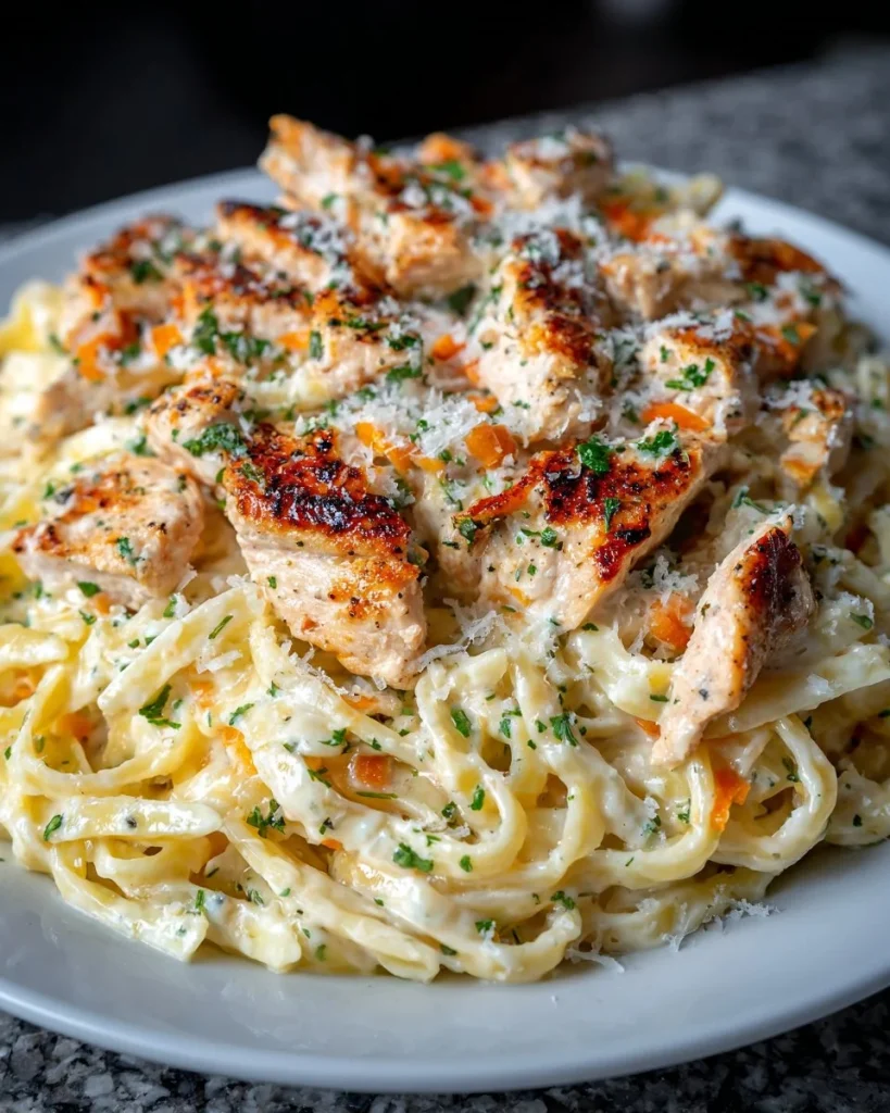 Creamy Chicken Fettuccine Alfredo with pasta and grilled chicken on a plate