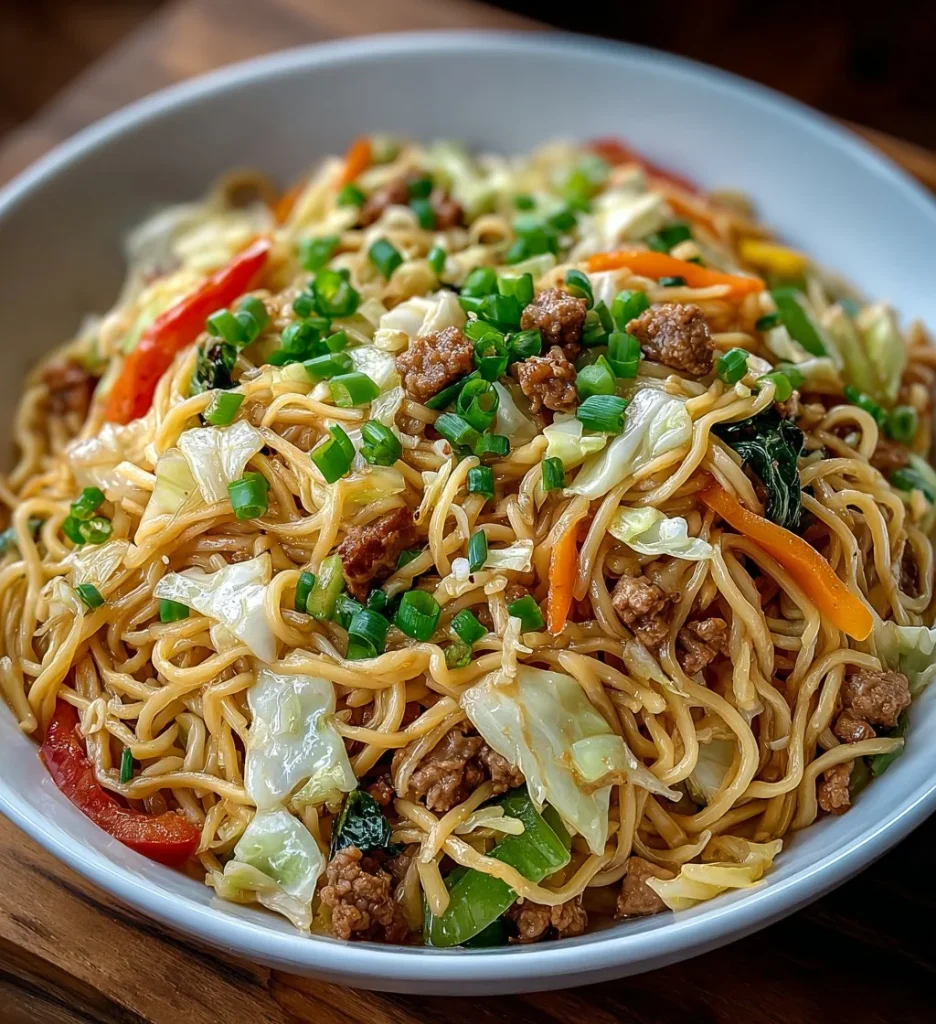 Delicious plate of Chow Mein with vegetables and noodles