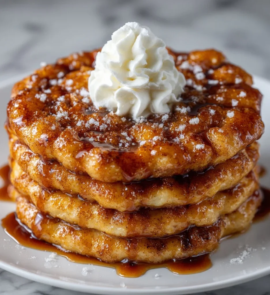 Delicious Churro Pancakes topped with cinnamon sugar and whipped cream