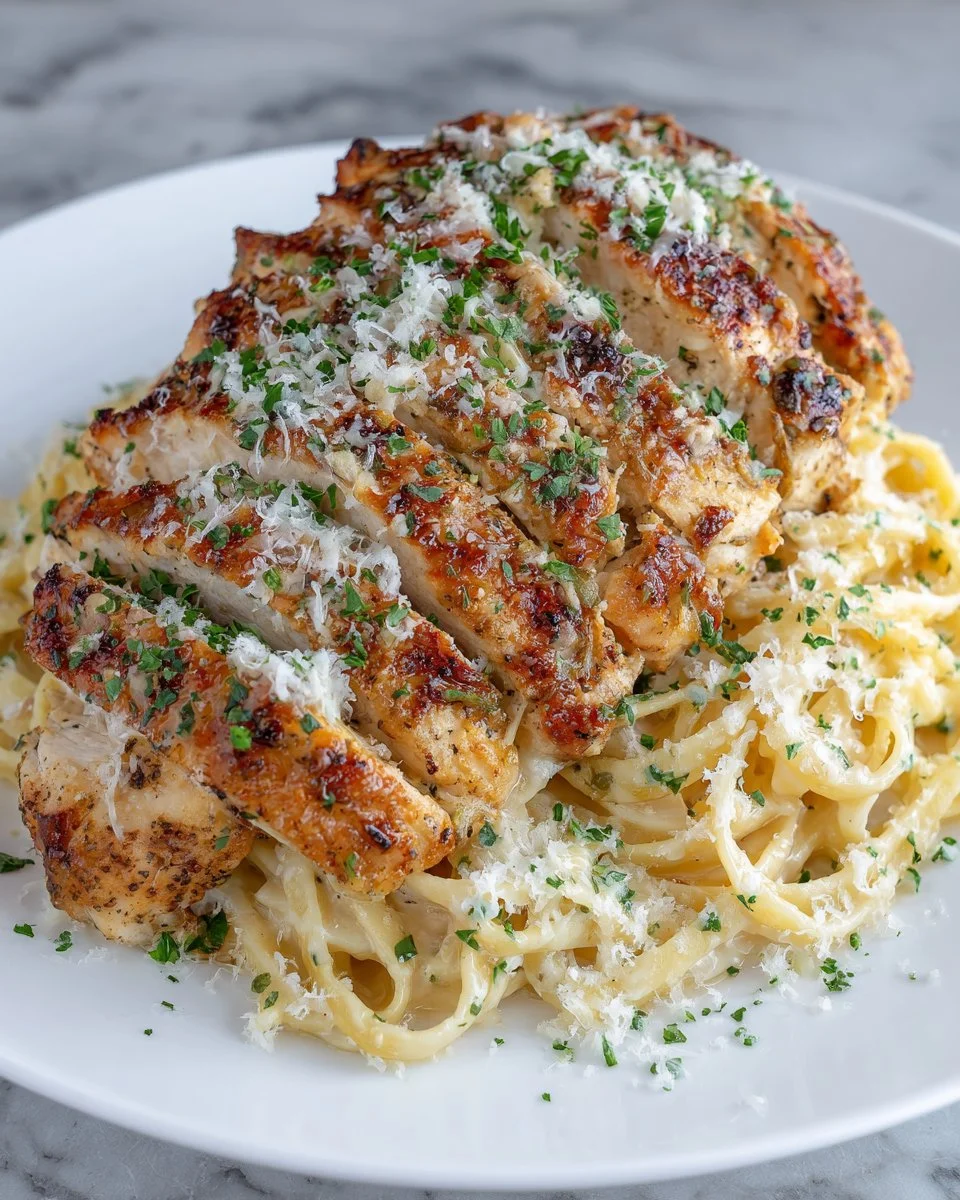 Delicious Classic Chicken Alfredo served with fettuccine pasta and parsley garnish.
