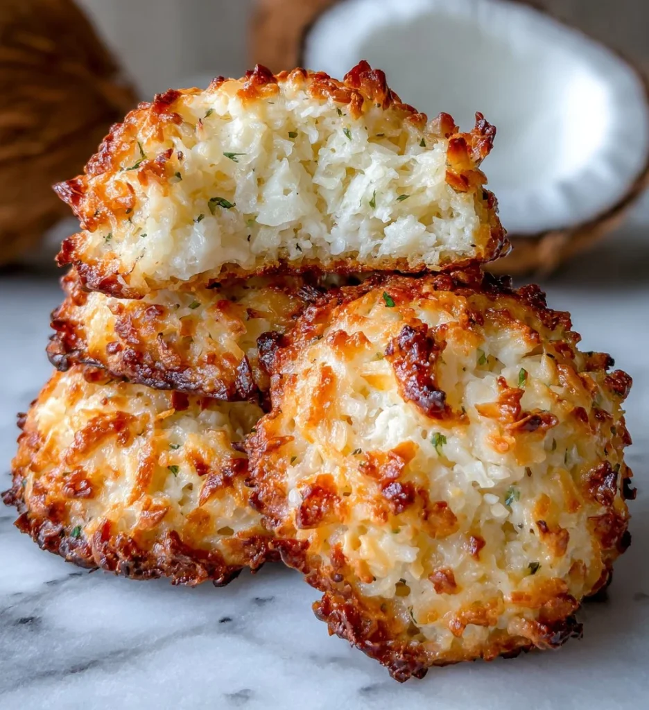 Delicious homemade Coconut Cookies with a golden-brown finish and coconut flakes.