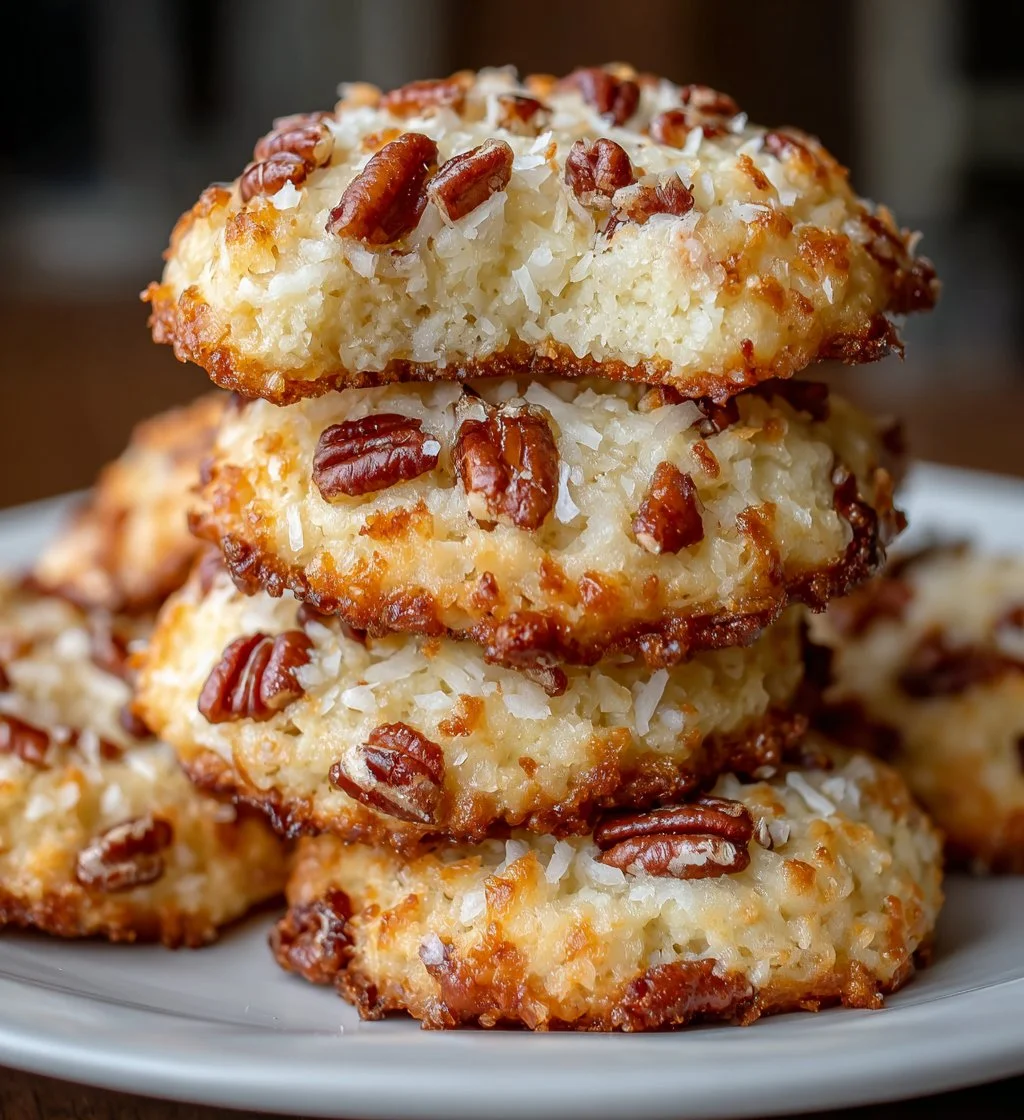Plate of freshly baked coconut pecan cookies with a golden-brown finish.