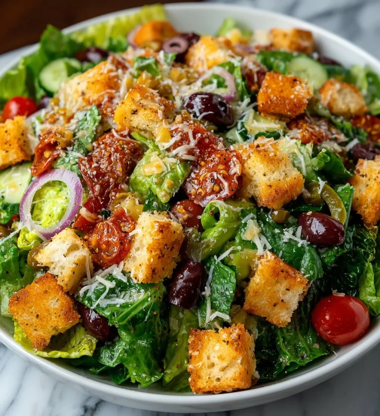 Bowl of homemade Olive Garden Salad with fresh ingredients and dressing