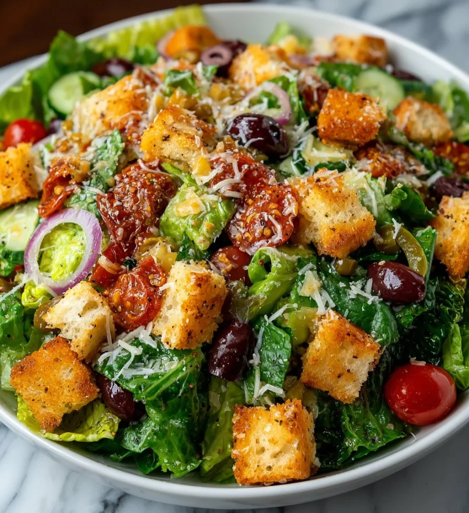 Bowl of homemade Olive Garden Salad with fresh ingredients and dressing