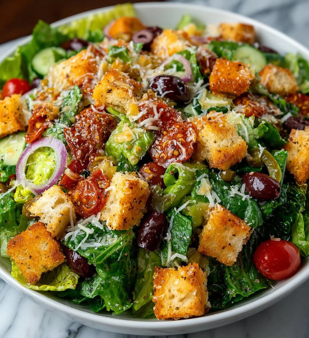 Bowl of homemade Olive Garden Salad with fresh ingredients and dressing