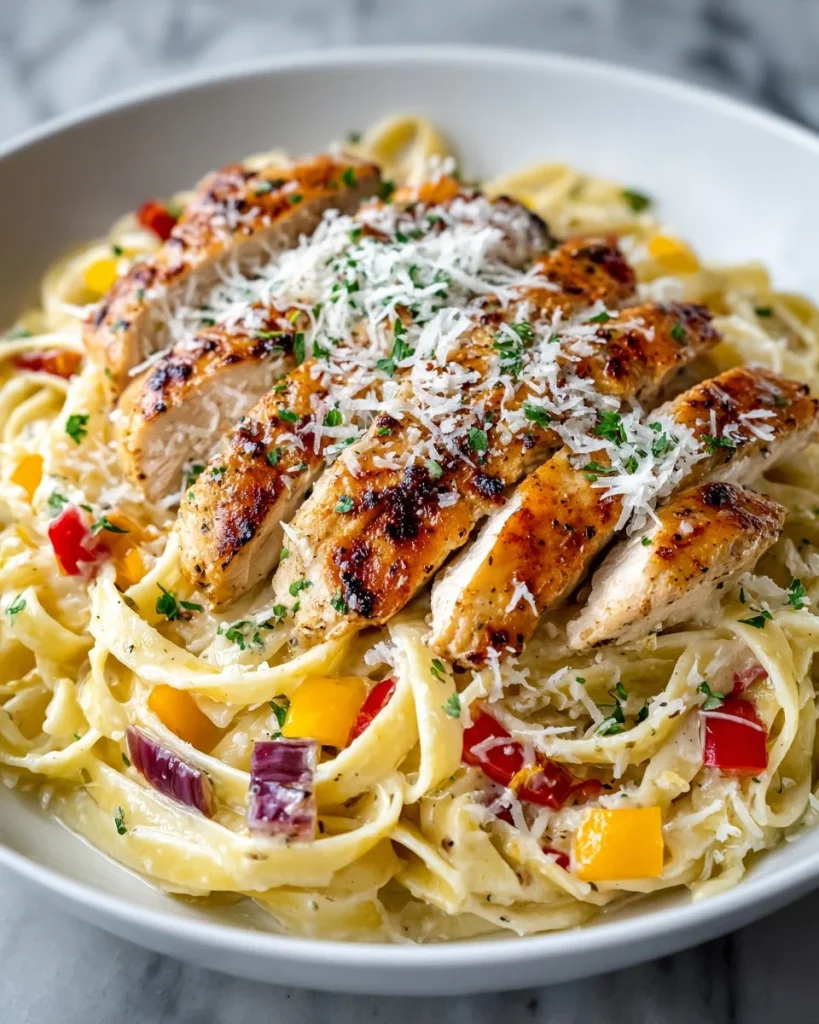 Delicious creamy Chicken Alfredo pasta served in a bowl