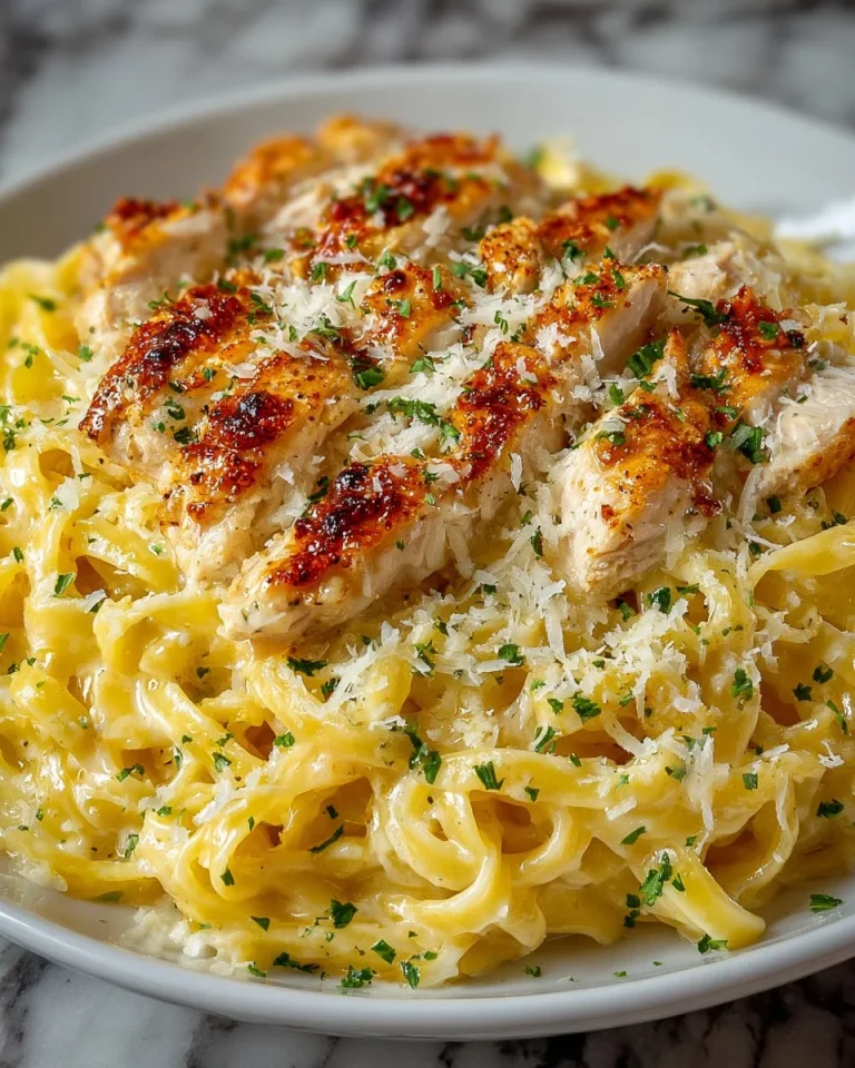 Creamy Chicken Alfredo Pasta topped with parsley in a bowl