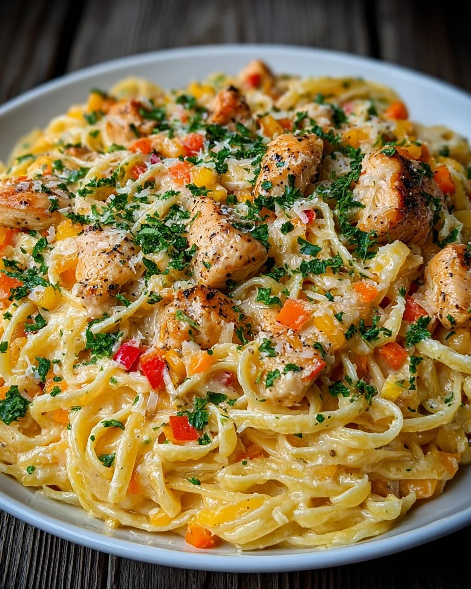 Delicious creamy Chicken Alfredo pasta with chicken and parmesan cheese