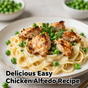 Creamy Chicken Alfredo dish with peas on a plate, garnished with parsley