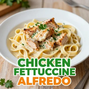 Creamy Chicken Fettuccine Alfredo dish served with herbs and grated cheese