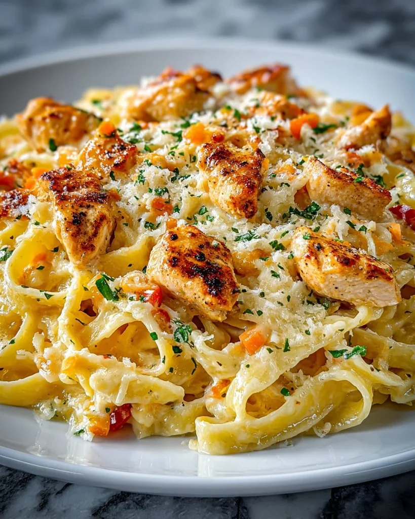 Creamy Chicken Fettuccine Alfredo dish with fettuccine pasta and grilled chicken