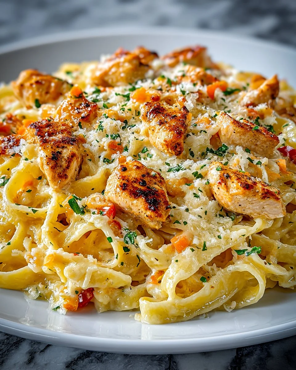 Creamy Chicken Fettuccine Alfredo dish with fettuccine pasta and grilled chicken