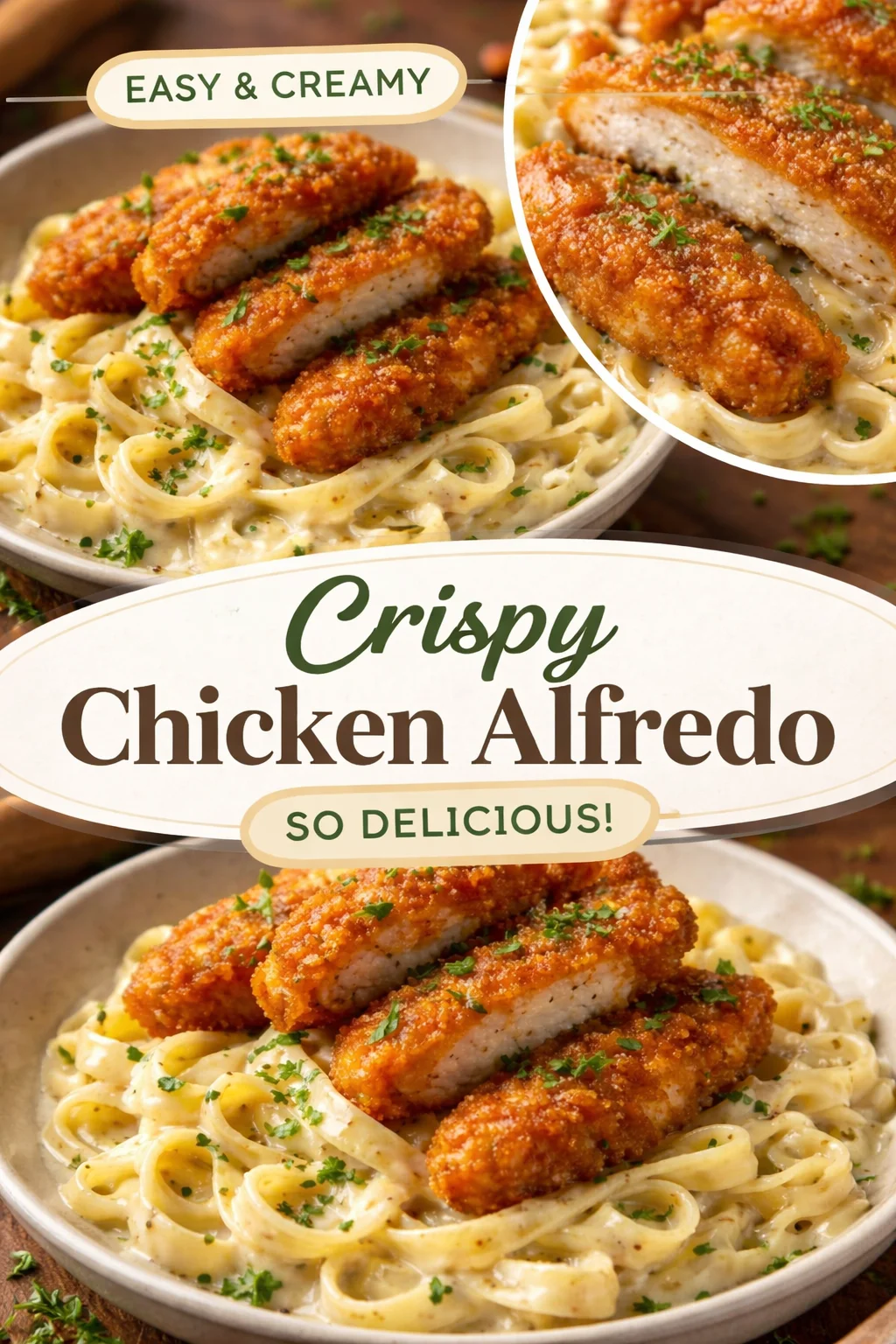Crispy chicken served with creamy pasta in a delicious, inviting plate