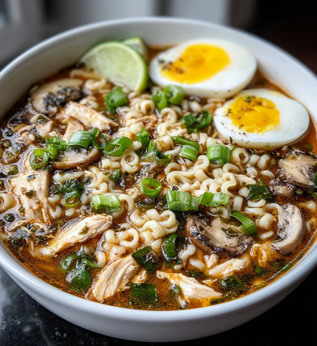 Delicious Crock Pot Chicken Ramen in a bowl, garnished with vegetables and herbs