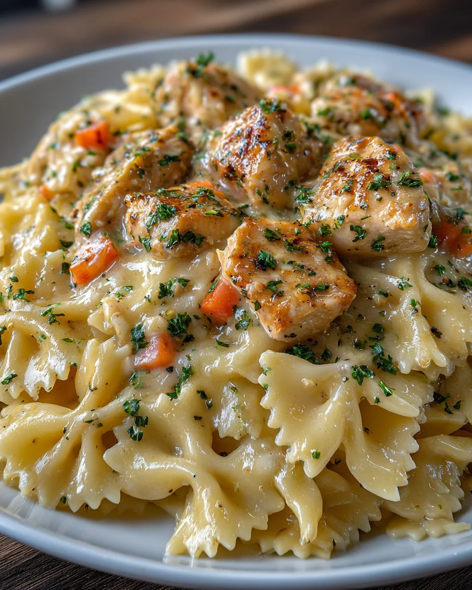 Bowl of creamy Dairy Free Chicken Alfredo pasta garnished with parsley