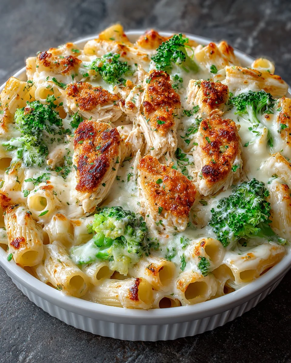 Delicious easy baked chicken alfredo topped with parsley and cheese.