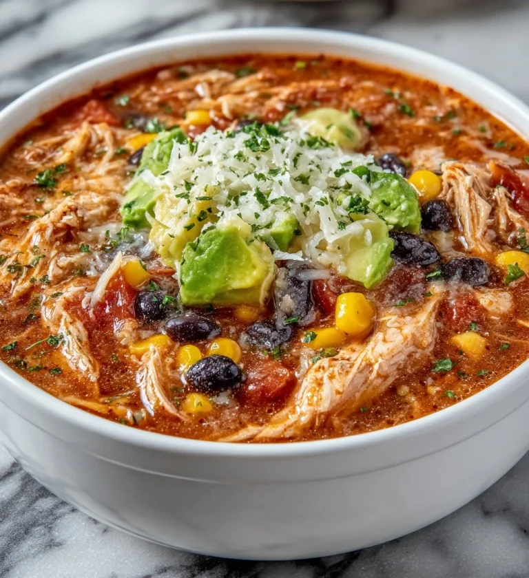Bowl of easy chicken enchilada soup topped with cheese and cilantro