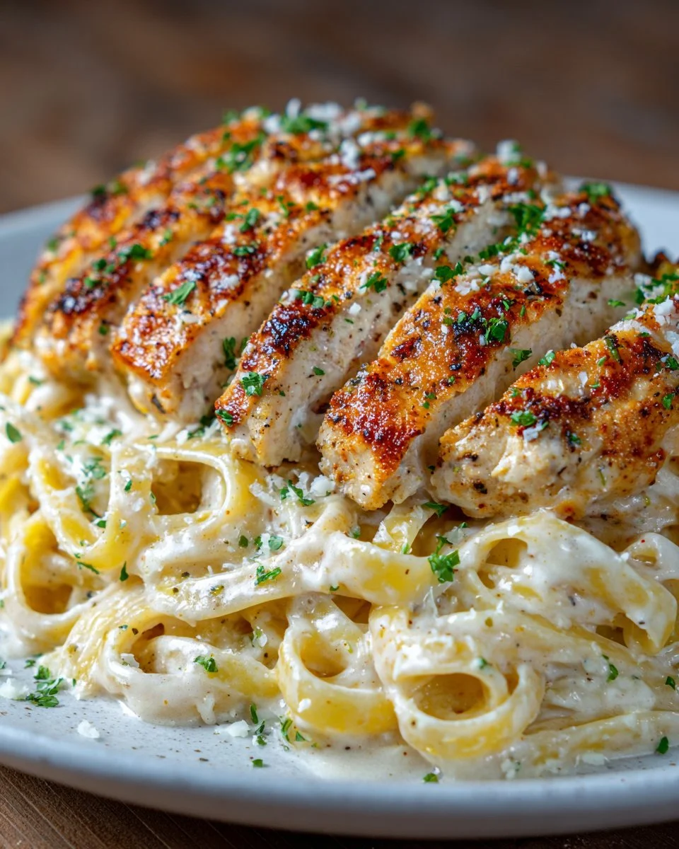Creamy easy chicken fettuccine alfredo served in a bowl