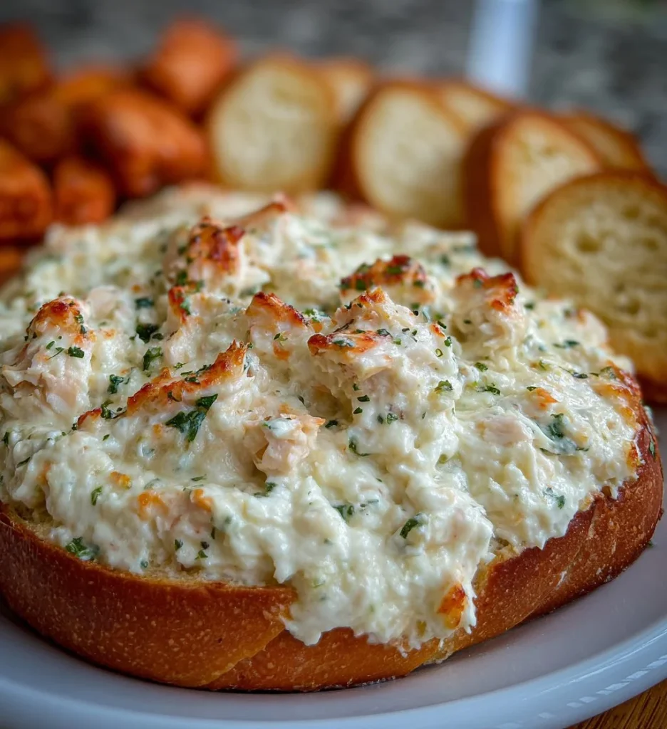 Delicious hot crab rangoon dip served in a bowl with crispy chips