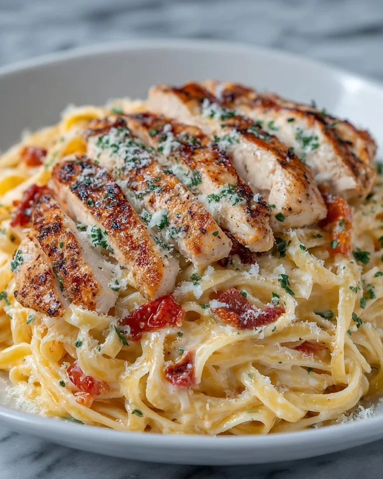 Creamy chicken alfredo pasta dish served in a bowl