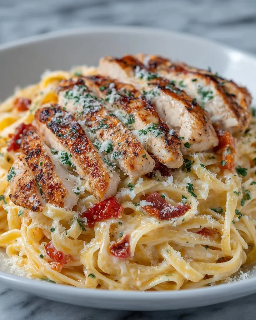 Creamy chicken alfredo pasta dish served in a bowl