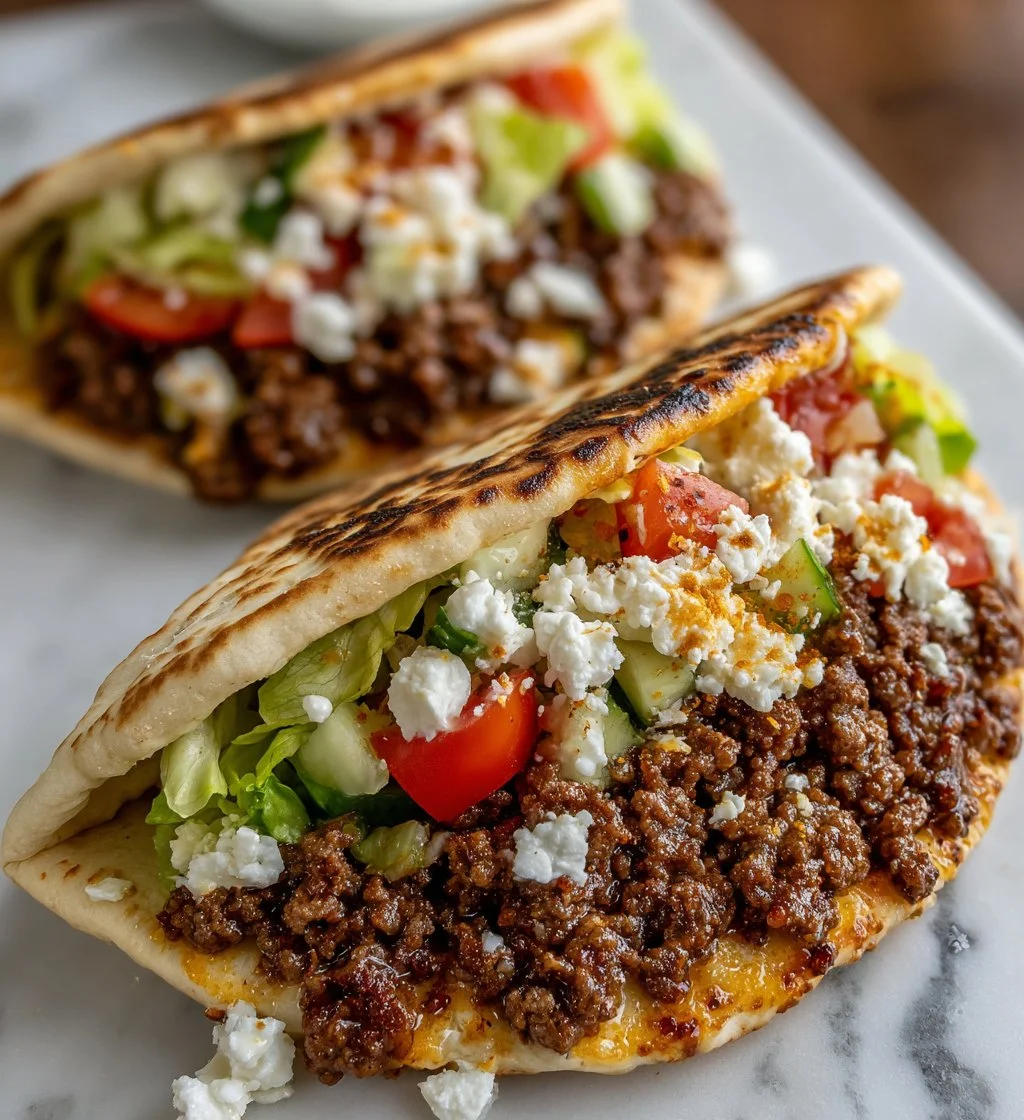 Delicious Mediterranean beef pockets filled with seasoned ground beef in pita bread.