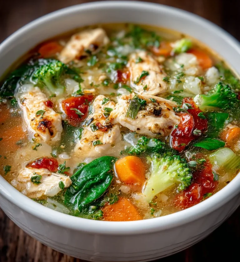 Bowl of easy vegetable chicken detox soup with fresh veggies and chicken