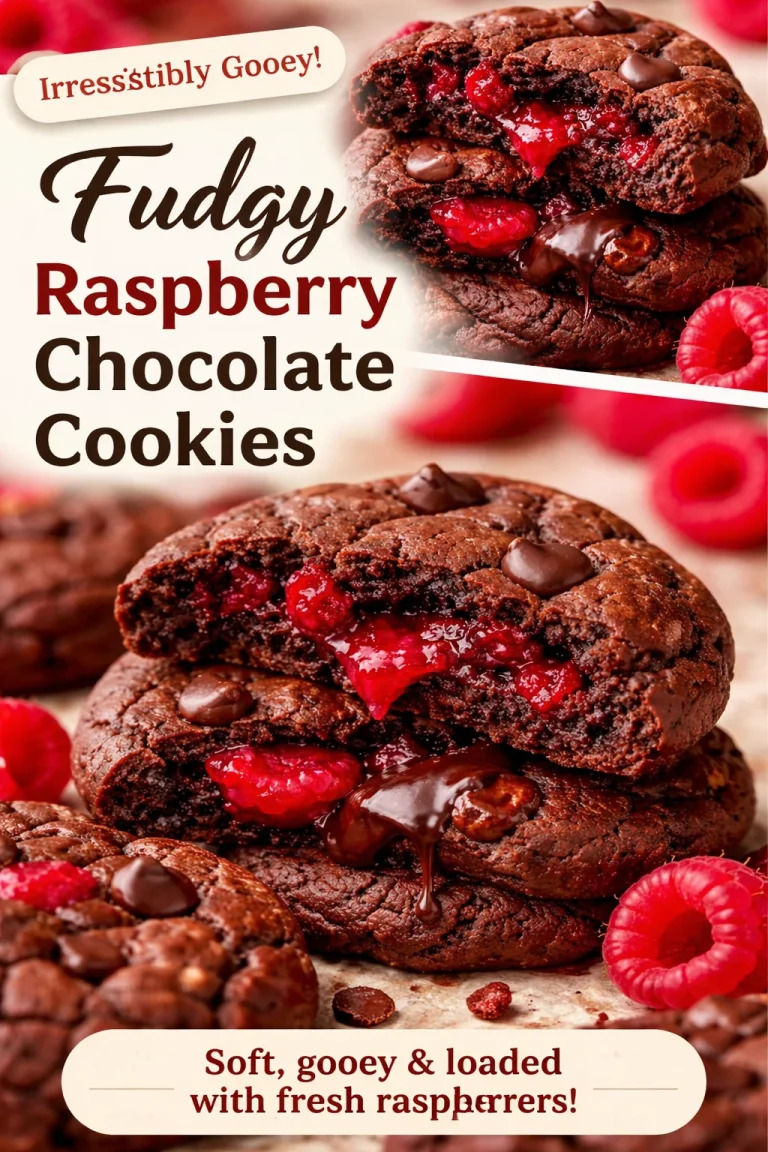 Fudgy chocolate raspberry cookies topped with fresh raspberries and chocolate chunks.