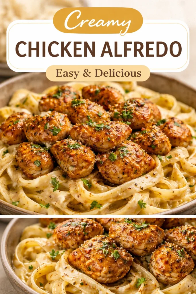 Garlic Butter Chicken Bites served with creamy Parmesan pasta