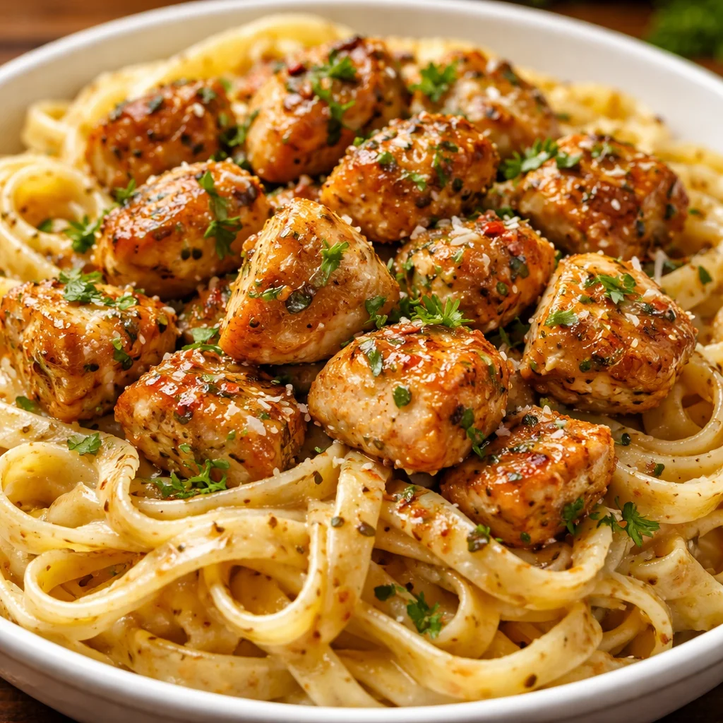 Garlic Butter Chicken Bites with Creamy Parmesan Pasta