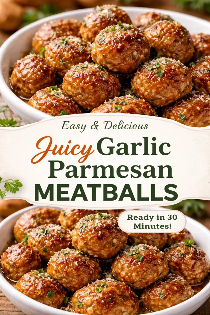Delicious Garlic Parmesan Meatballs served on a plate with herbs