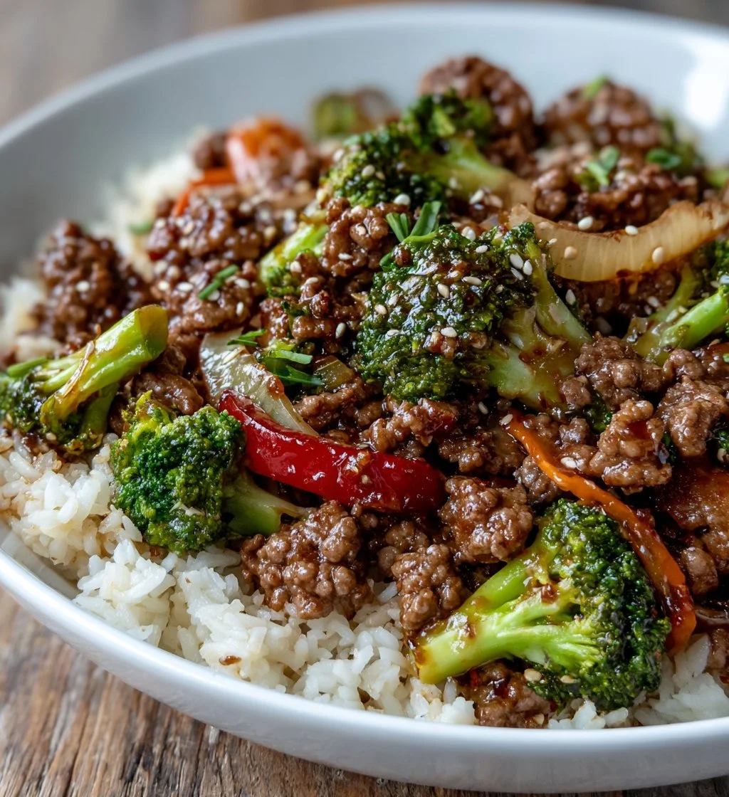 Ground beef and broccoli stir fry served in a bowl with colorful vegetables