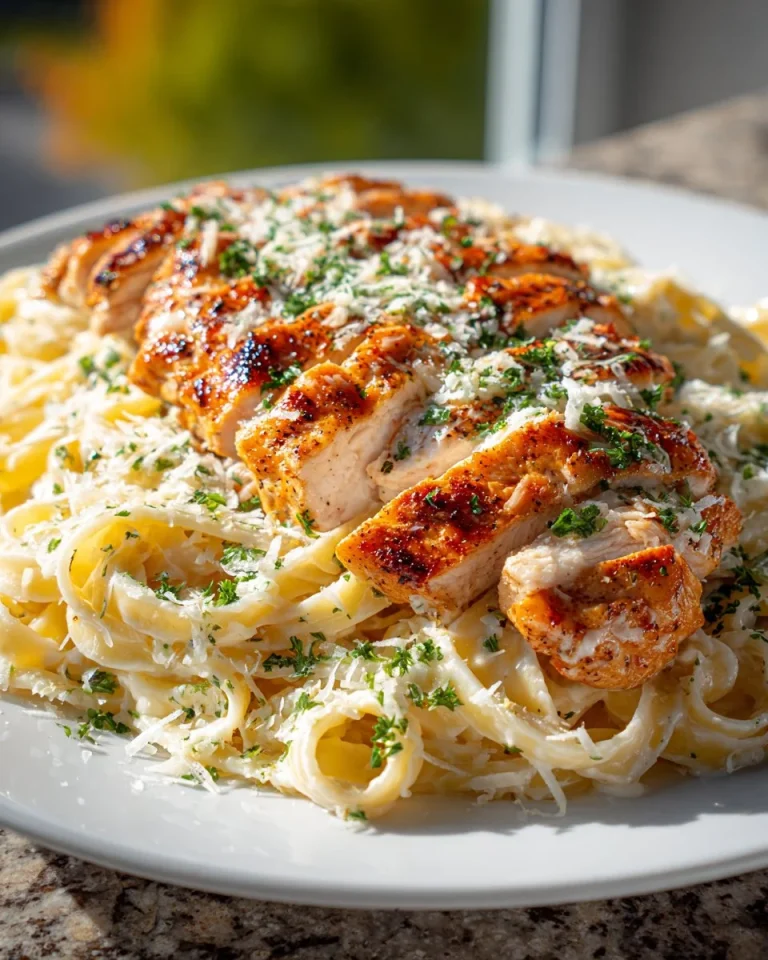 Homemade Chicken Alfredo topped with parsley on a plate