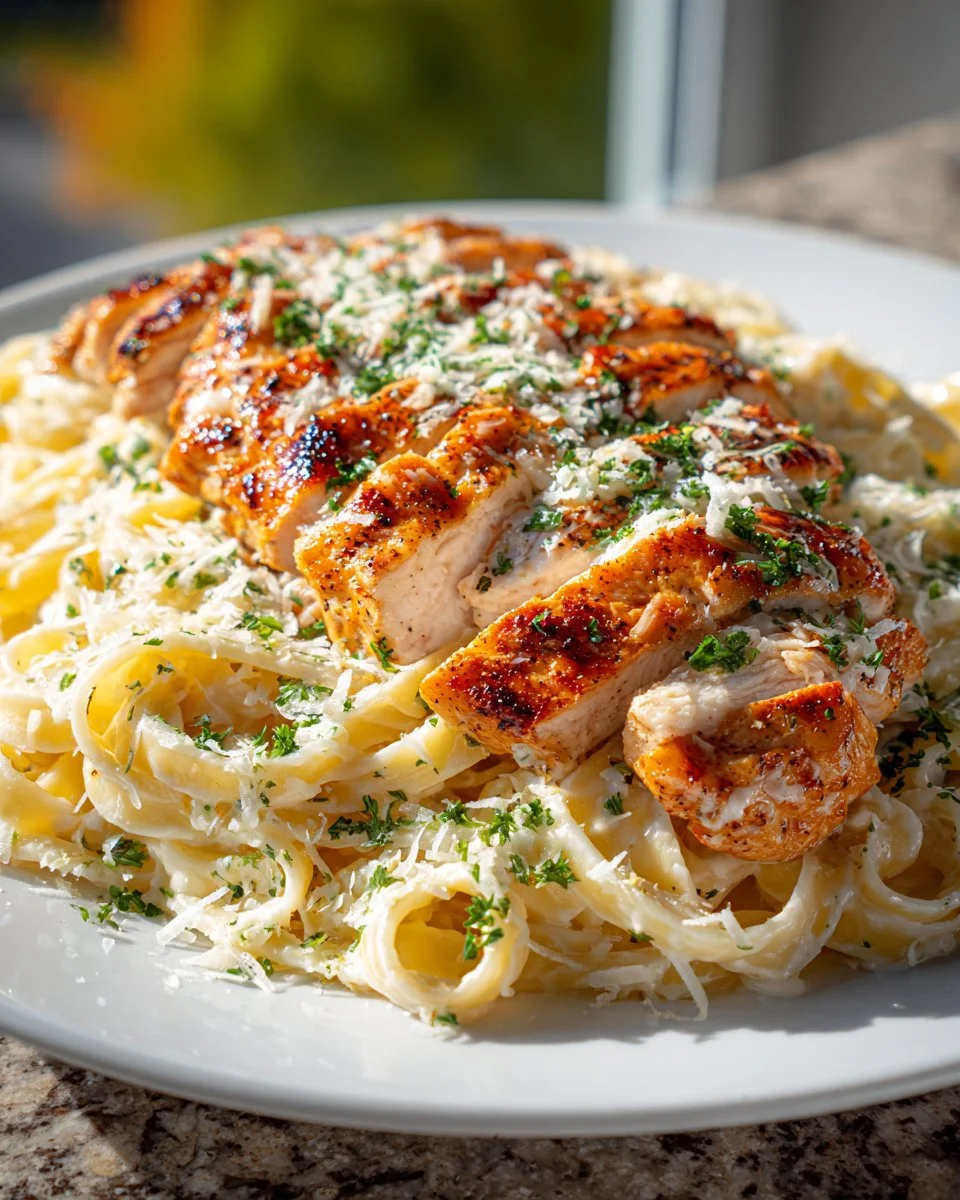 Homemade Chicken Alfredo topped with parsley on a plate