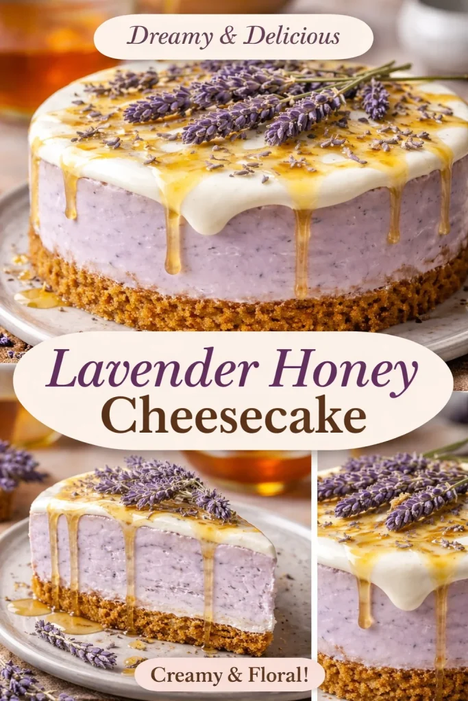 Delicious honey lavender cheesecake topped with lavender sprigs and honey drizzle.