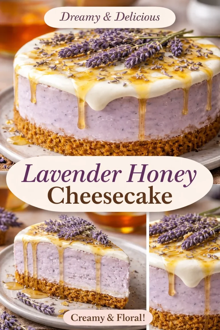 Delicious honey lavender cheesecake topped with lavender sprigs and honey drizzle.