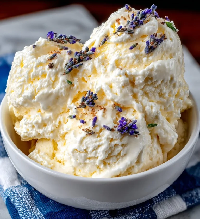 Delicious honey lavender frozen yogurt topped with fresh lavender flowers.