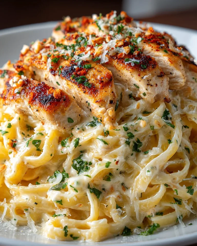 A bowl of creamy Chicken Alfredo pasta topped with grilled chicken and parsley