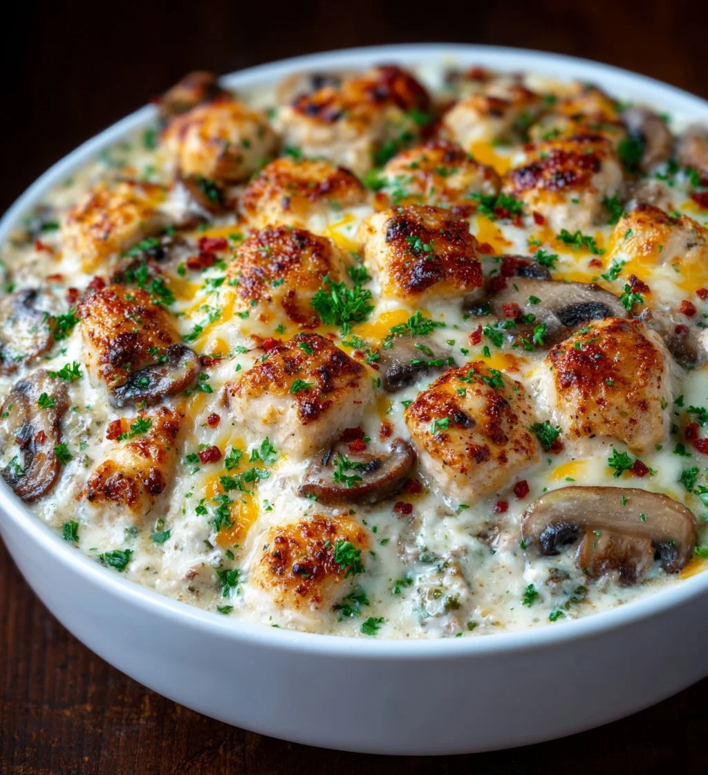 Keto Chicken and Mushroom Casserole served in a dish.
