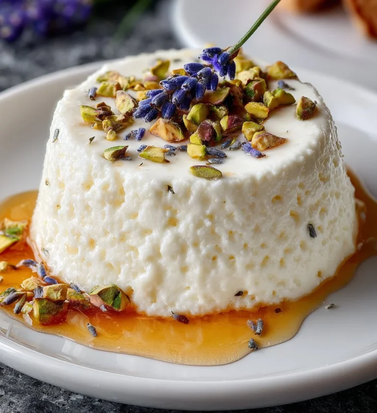 A beautiful Lavender Honey Panna Cotta dessert garnished with lavender flowers