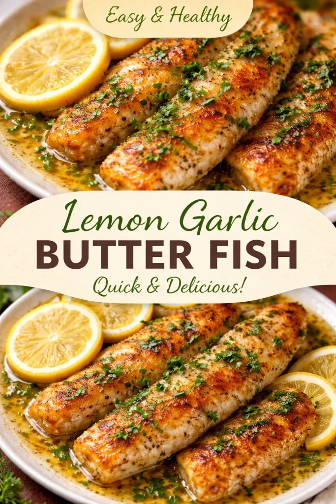 Delicious Lemon Butter Fish Fillet garnished with lemon slices