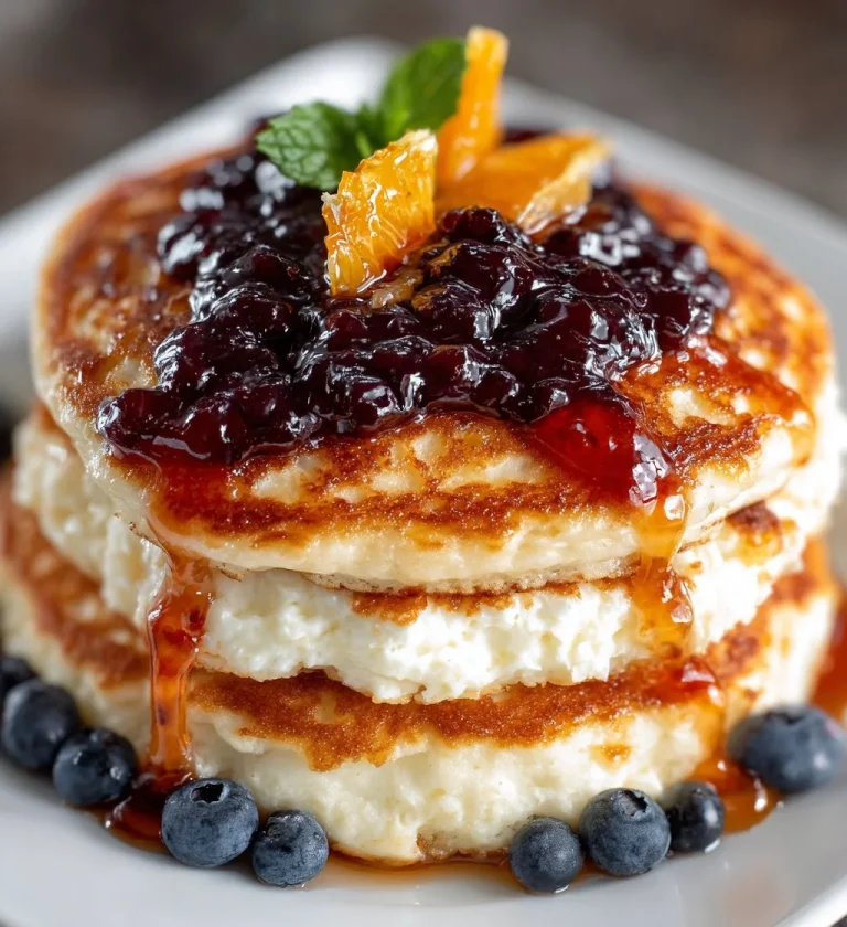 Fluffy lemon ricotta pancakes with blueberry sauce drizzled on top