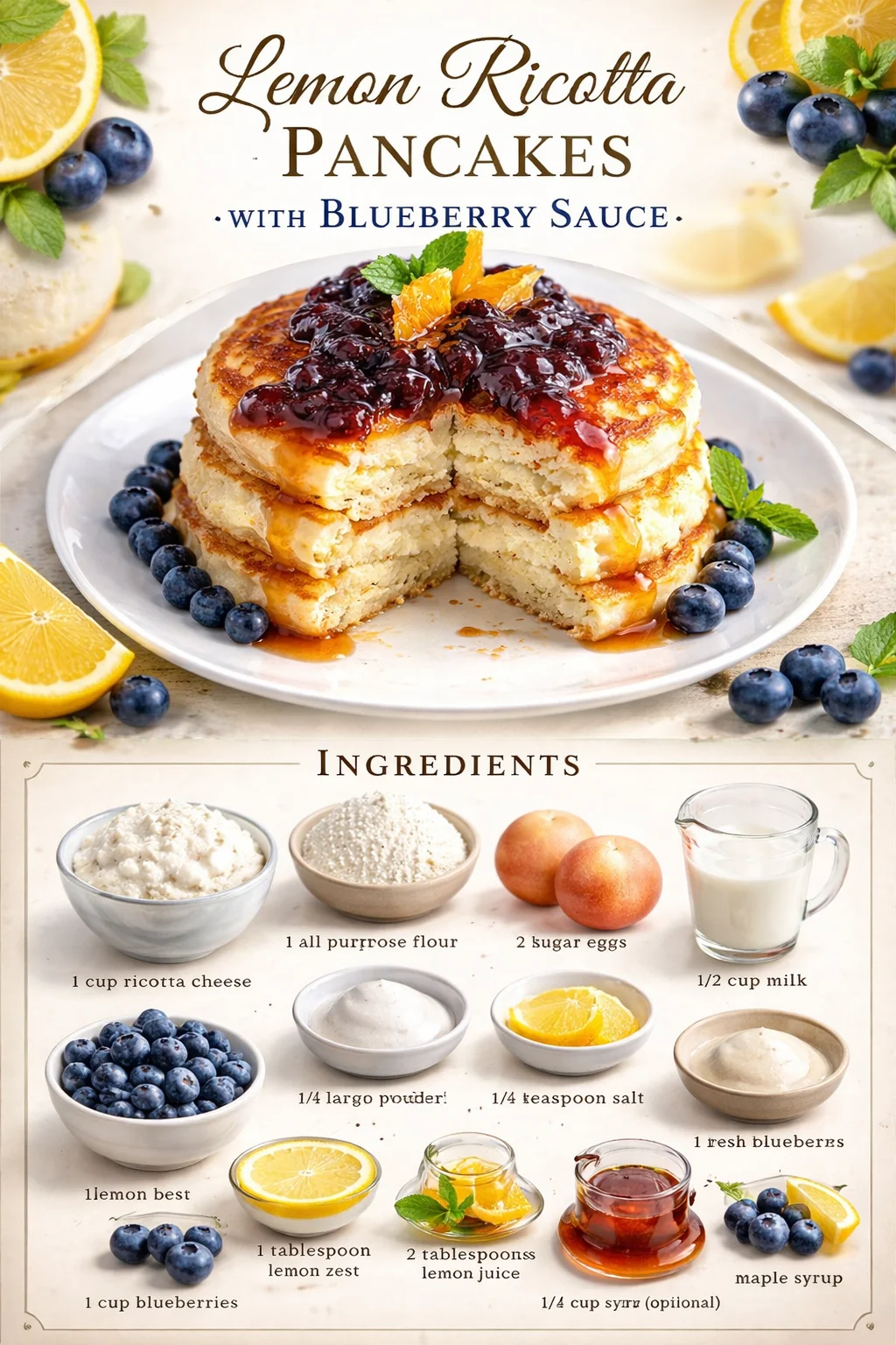 Lemon Ricotta Pancakes with Blueberry Sauce